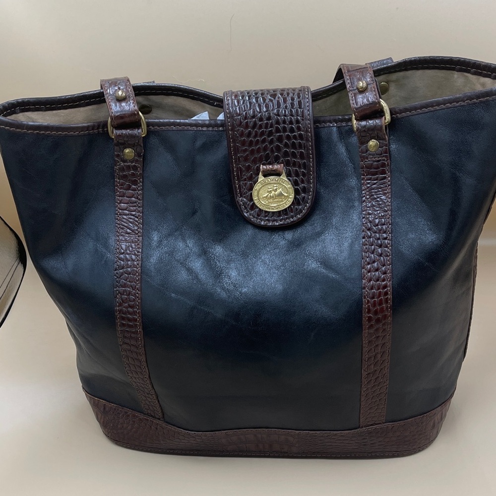 Brahmin Black Leather Tote with Brown Croc-Trim and Gold Medallion Statement Bag